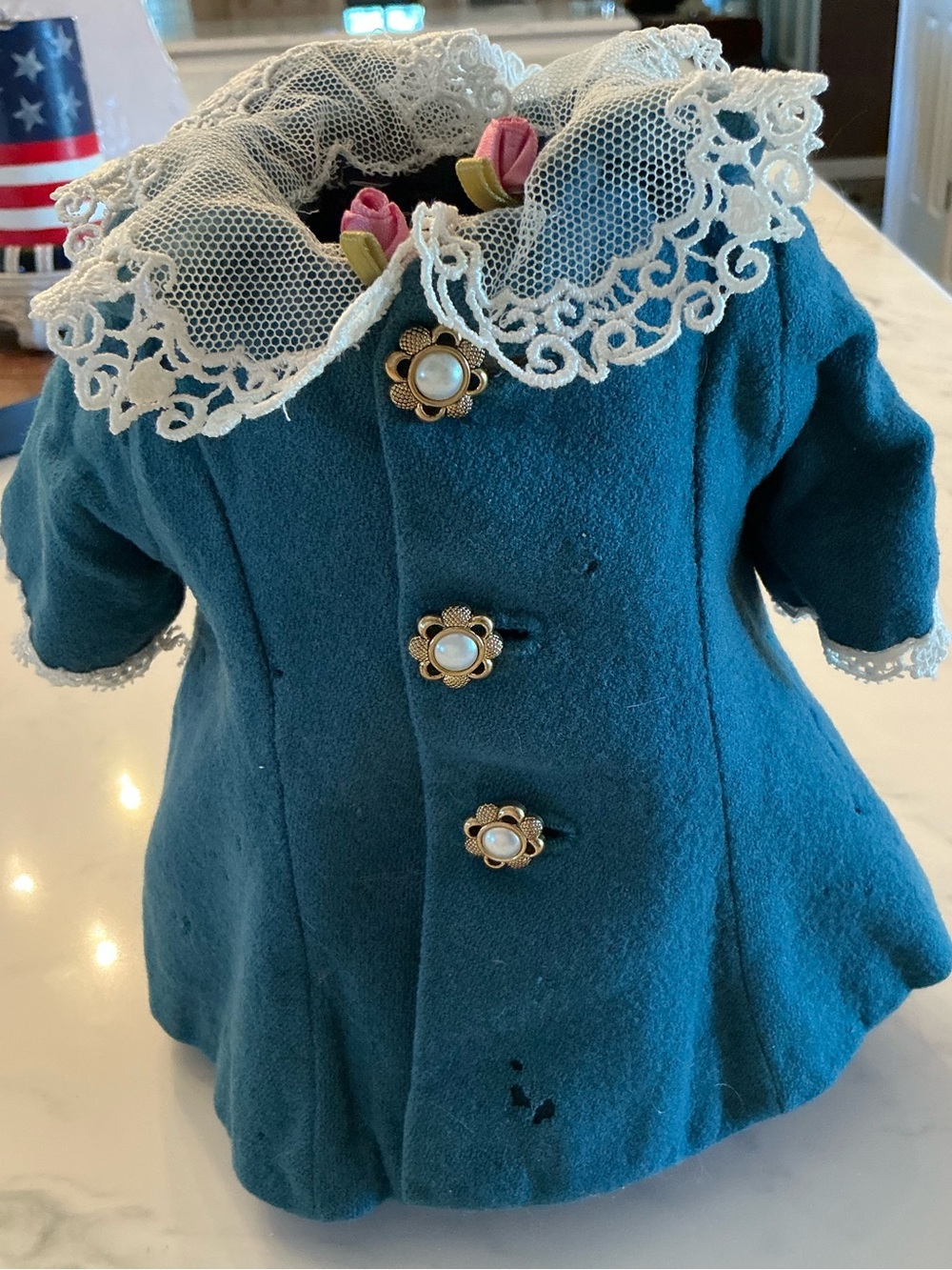 Blue Doll/Bear Coat with Lace Collar and Pearl Buttons